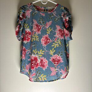 LOFT Blue with Pink/Red Floral Pattern Blouse XS